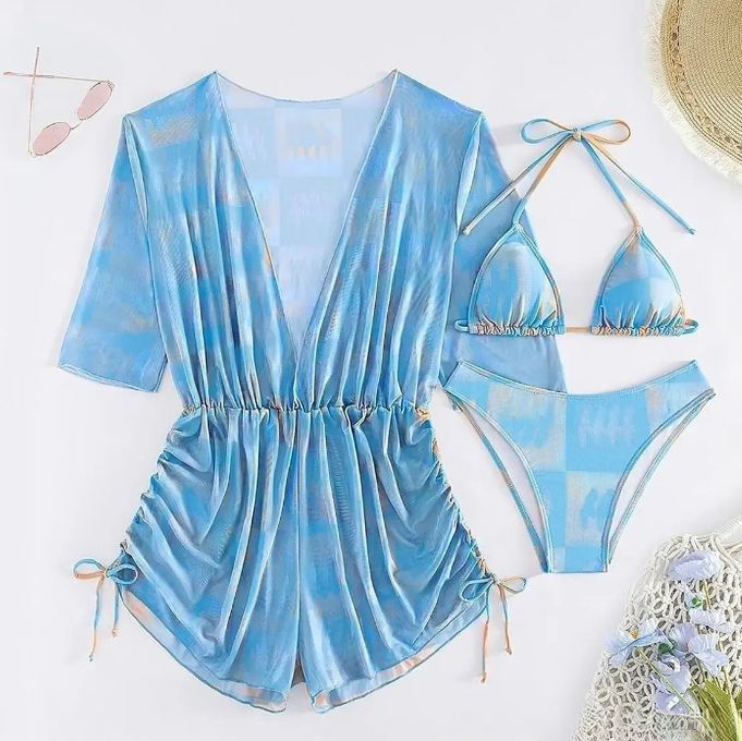 ExoticSet™ | Set 3 Pezzi con Bikini a triangolo e Copricostume Coordinato | Texture Esotica