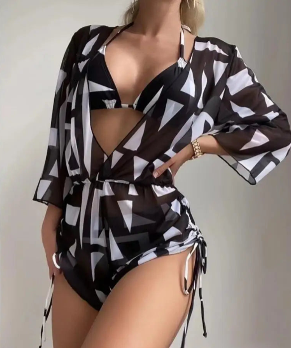 ExoticSet™ | Set 3 Pezzi con Bikini a triangolo e Copricostume Coordinato | Texture Esotica