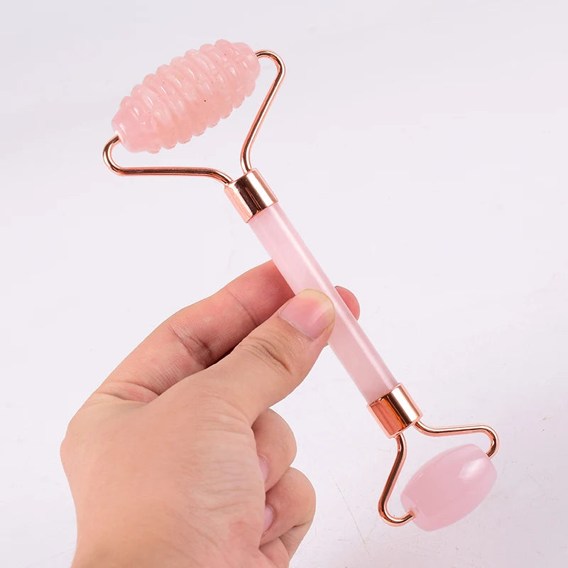 StoneRoll™ – Quarzo Rosa | Massaggio Viso e Collo | Doppio Roller + Gua Sha