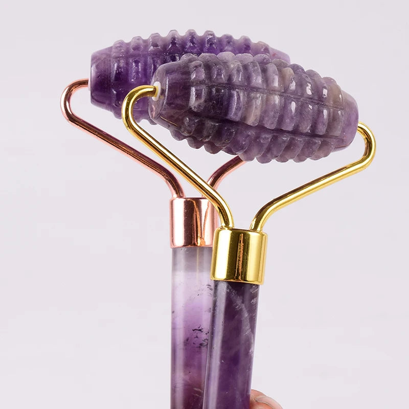 StoneRoll™ – Ametista Originale | Massaggio Viso e Collo | Doppio Roller + Gua Sha