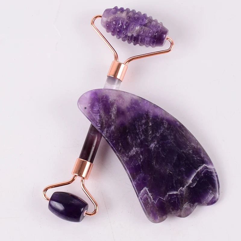 StoneRoll™ – Ametista Originale | Massaggio Viso e Collo | Doppio Roller + Gua Sha