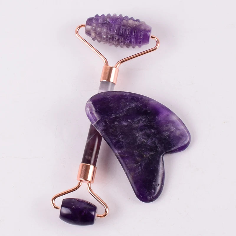 StoneRoll™ – Ametista Originale | Massaggio Viso e Collo | Doppio Roller + Gua Sha