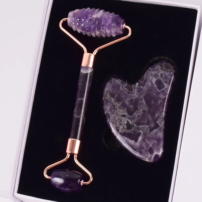 StoneRoll™ – Ametista Originale | Massaggio Viso e Collo | Doppio Roller + Gua Sha