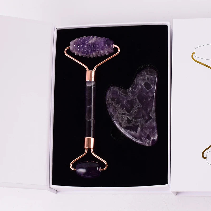 StoneRoll™ – Ametista Originale | Massaggio Viso e Collo | Doppio Roller + Gua Sha