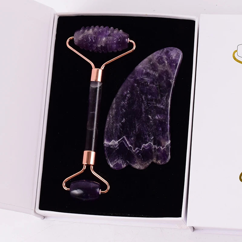 StoneRoll™ – Ametista Originale | Massaggio Viso e Collo | Doppio Roller + Gua Sha