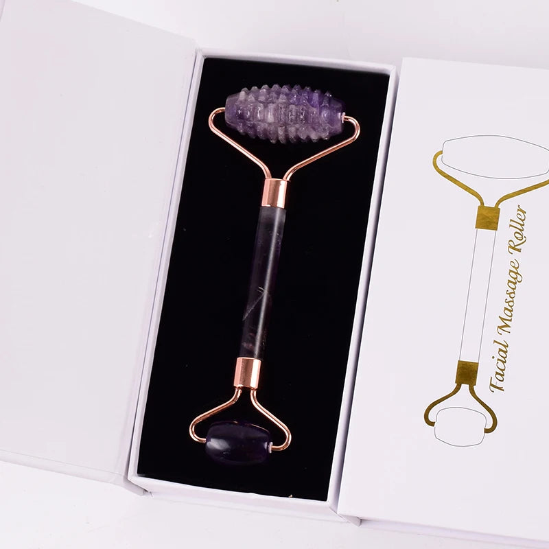 StoneRoll™ – Ametista Originale | Massaggio Viso e Collo | Doppio Roller + Gua Sha