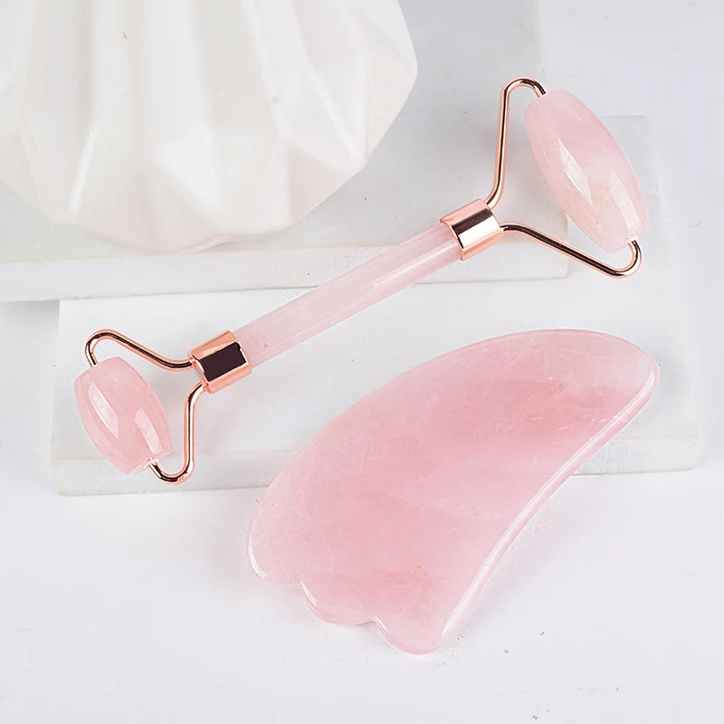 StoneRoll™ – Quarzo Rosa | Massaggio Viso e Collo | Doppio Roller + Gua Sha