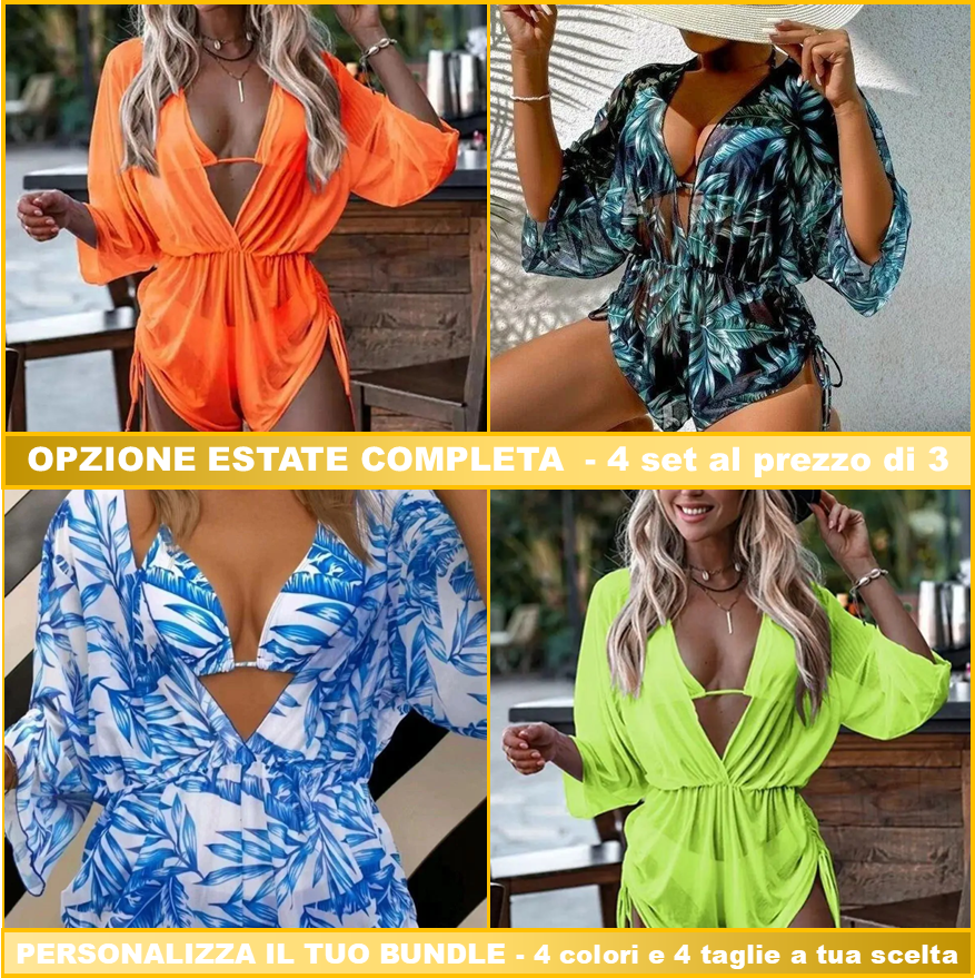 ExoticSet™ | Set 3 Pezzi con Bikini a triangolo e Copricostume Coordinato | Texture Esotica