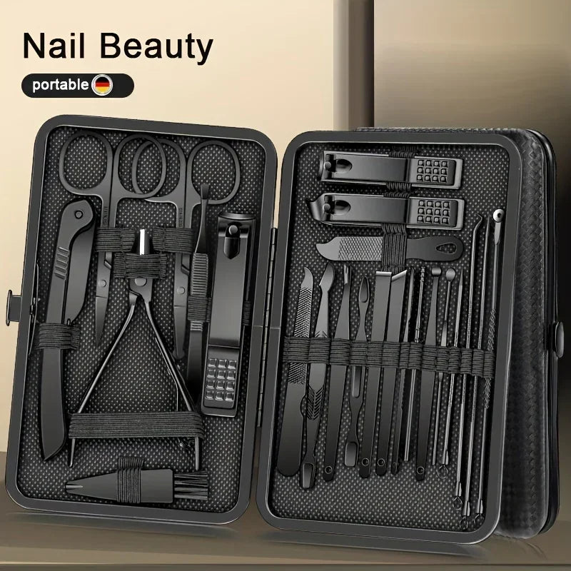 SteelCure™ Set Manicure e Pedicure | Kit Professionale da Viaggio in Acciaio Inox (8-24 Pezzi) - Deep Black Edition