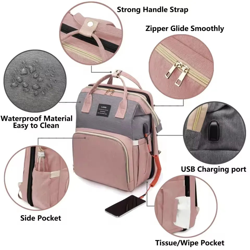 TravelBaby Elite™ – Zaino Maternità 3-in-1 | Culla da Viaggio Portatile, Fasciatoio & Tasche Termiche
