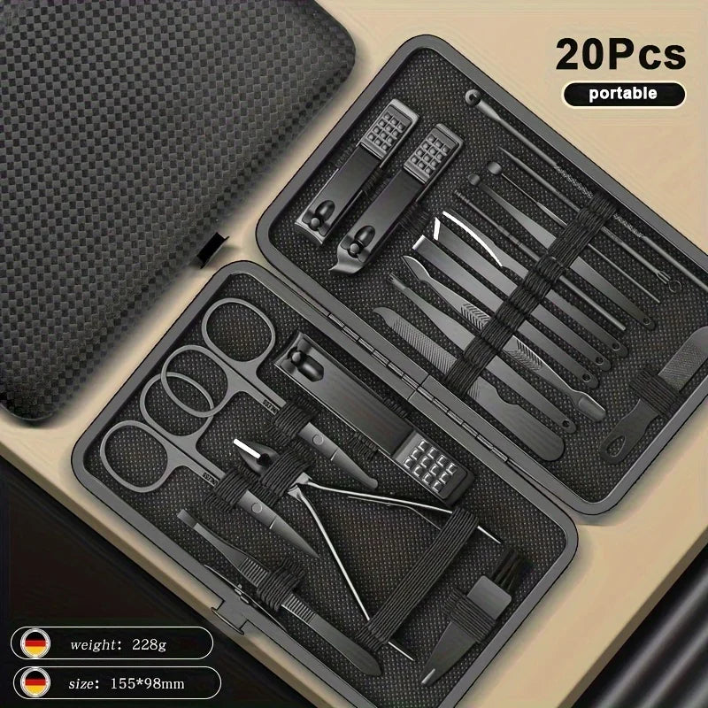 SteelCure™ Set Manicure e Pedicure | Kit Professionale da Viaggio in Acciaio Inox (8-24 Pezzi) - Deep Black Edition