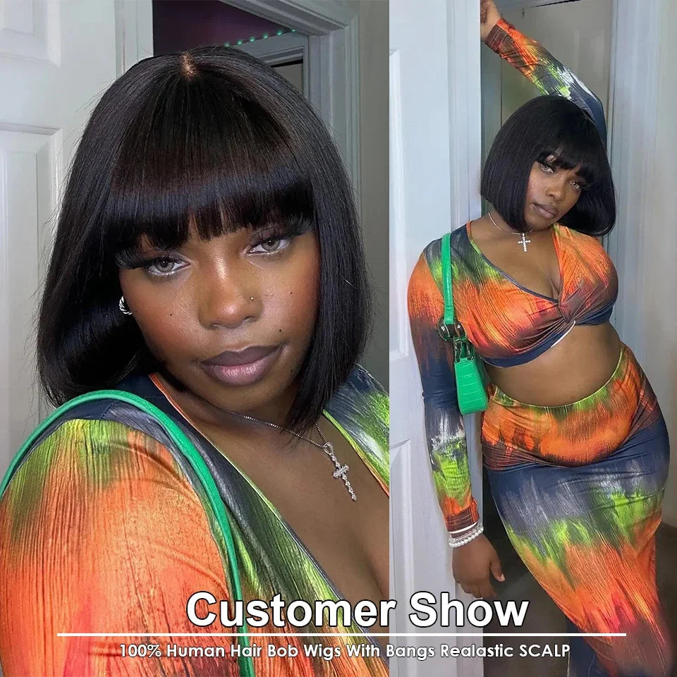 RealWigBob™| Parrucca Caschetto Liscio Effetto Seta - Frangia Moderna| Capelli Veri