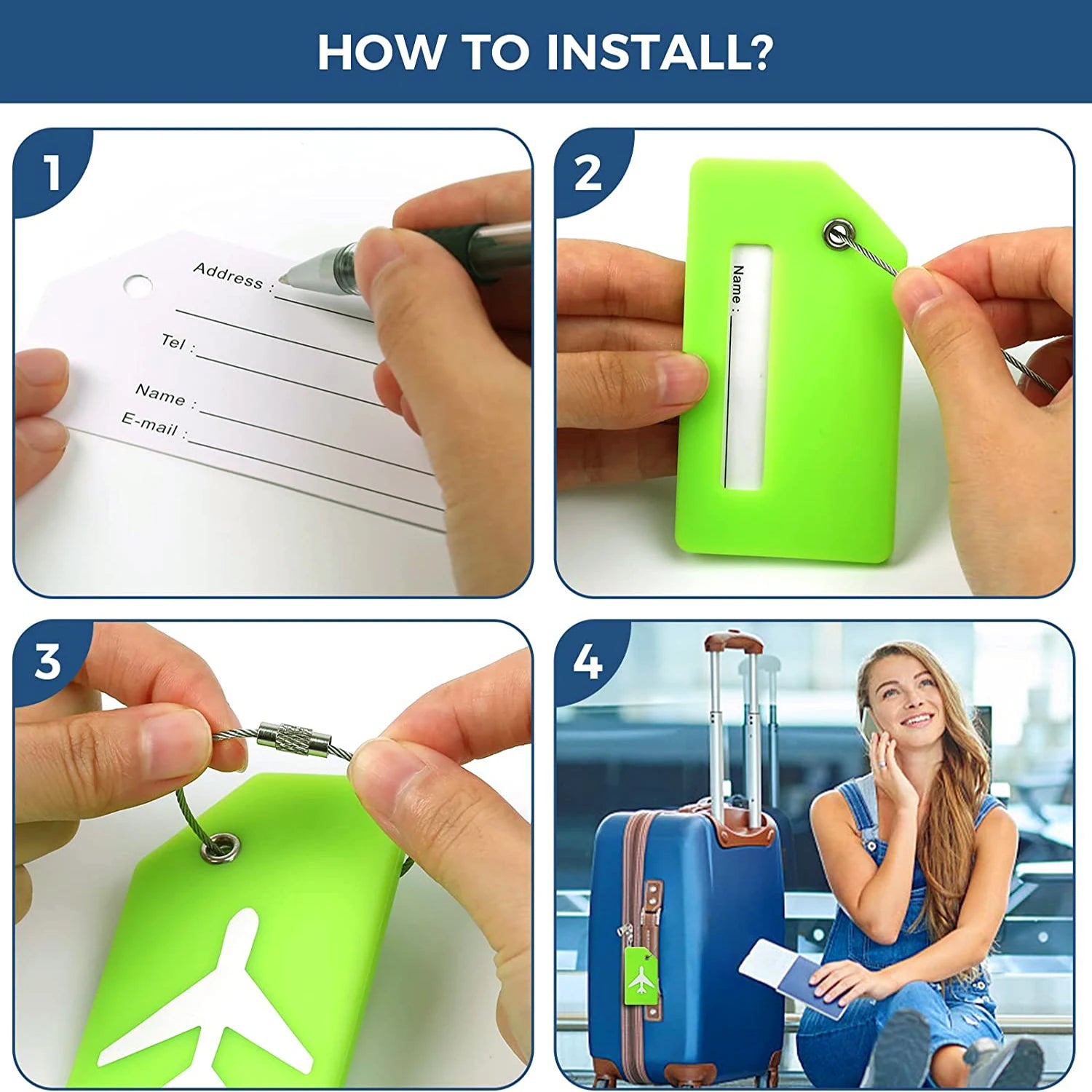 SkyID Elite™ – Set Etichette Valigia Identificative (4 Pezzi) | Silicone Flessibile & Cavo in Acciaio