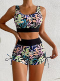 ExoticLeaf™ | Bikini Sportivo a Vita Alta - Stampa Tropicale e Sostegno Top | con Chiusura Posteriore