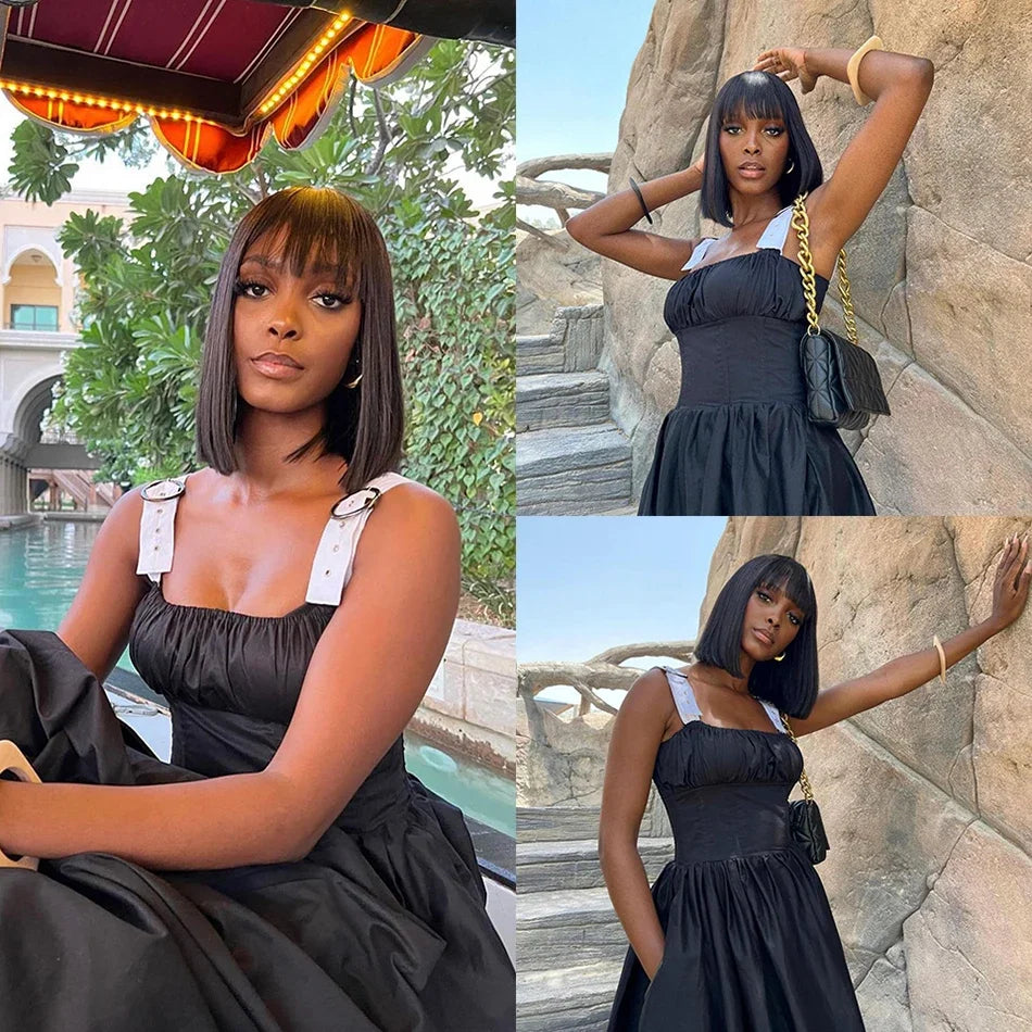 RealWigBob™| Parrucca Caschetto Liscio Effetto Seta - Frangia Moderna| Capelli Veri