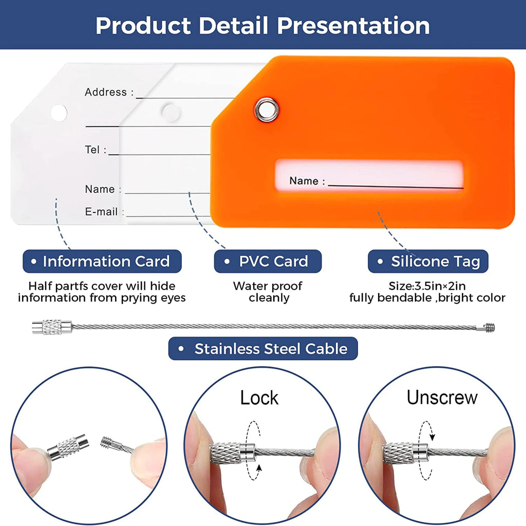 SkyID Elite™ – Set Etichette Valigia Identificative (4 Pezzi) | Silicone Flessibile & Cavo in Acciaio