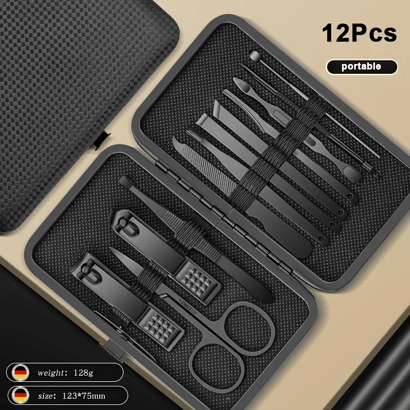 SteelCure™ Set Manicure e Pedicure | Kit Professionale da Viaggio in Acciaio Inox (8-24 Pezzi) - Deep Black Edition
