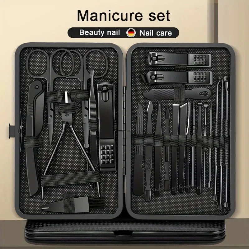 SteelCure™ Set Manicure e Pedicure | Kit Professionale da Viaggio in Acciaio Inox (8-24 Pezzi) - Deep Black Edition