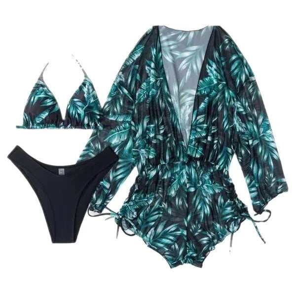 ExoticSet™ | Set 3 Pezzi con Bikini a triangolo e Copricostume Coordinato | Texture Esotica