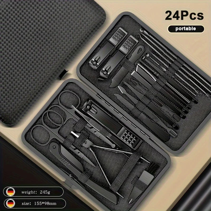 SteelCure™ Set Manicure e Pedicure | Kit Professionale da Viaggio in Acciaio Inox (8-24 Pezzi) - Deep Black Edition