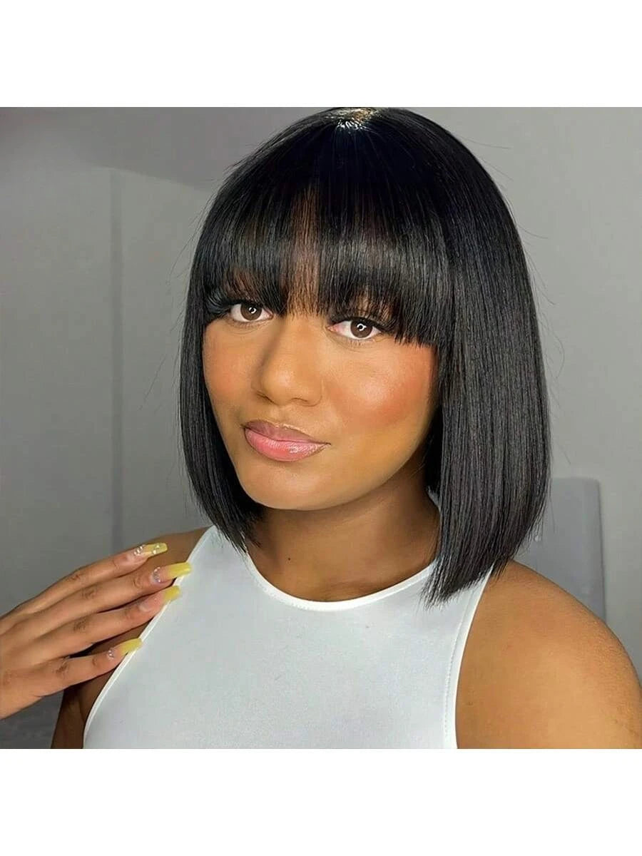 RealWigBob™| Parrucca Caschetto Liscio Effetto Seta - Frangia Moderna| Capelli Veri