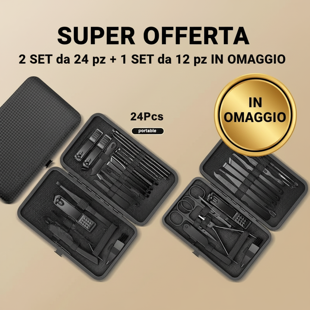 SteelCure™ Set Manicure e Pedicure | Kit Professionale da Viaggio in Acciaio Inox (8-24 Pezzi) - Deep Black Edition